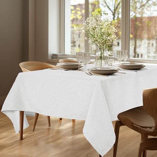 Deconovo Abwaschbare Tischdecke Gartentischdecke Lotuseffekt Leinenoptik Wasserabweisende Tischdecken Rechteckig Table Cloth stilvolle Tischwäsche für Esszimmer Küche, 160x130 cm, Weiß, 1 Stück von Deconovo