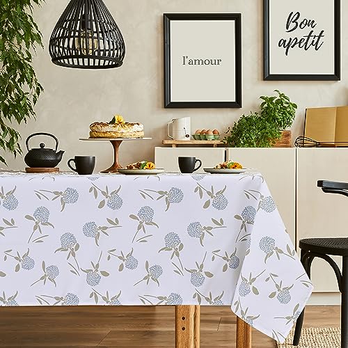 Deconovo Abwaschbare Tischdecke Lotuseffekt Tischwäsche Wasserabweisend Tischtuch Happy-Designermuster Umweltfreundlich, 140x240 cm, Weiß Blau, 1 Stück von Deconovo