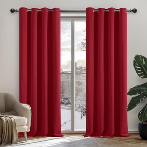Deconovo Blickdicht Gardinen mit Ösen Vorhang Verdunklungsvorhänge Vorhänge Wohnzimmer Schlafzimmer Thermogardinen Kälteschutz, 229x132 cm(HöhexBreite), Knallrot, 2er Set von Deconovo
