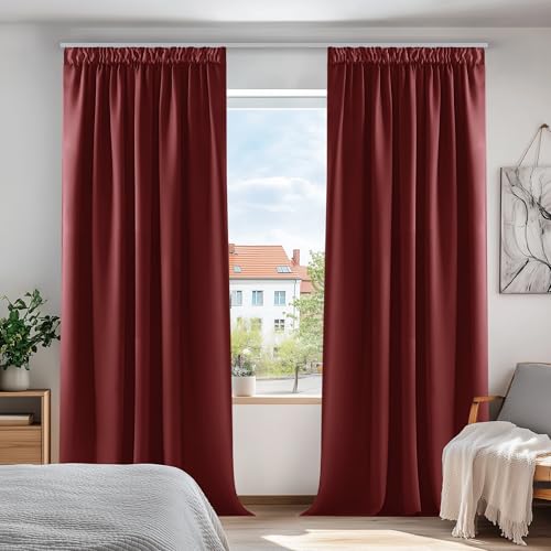 Deconovo Blickdicht Vorhang Kälteschutz Verdunkelungsvorhang mit Kräuselband Gardinen Wohnzimmer Gardinen Vorhänge, 260x140 cm(HöhexBreite), Rot, 2er Set von Deconovo