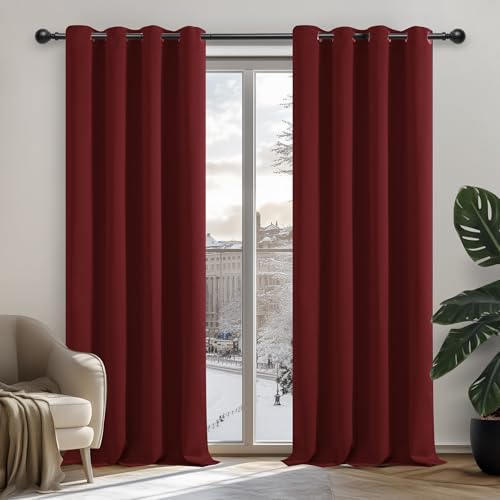 Deconovo Blickdichte Gardinen Thermogardine Kälteschutz Verdunkelungsvorhänge mit Ösen, 242x132 cm(HöhexBreite), Rot, 2er Set von Deconovo