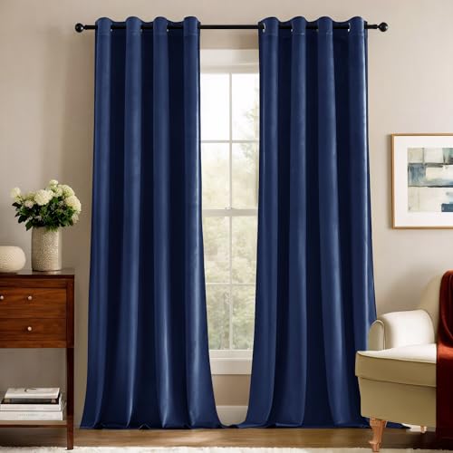 Deconovo Blickdichte Gardinen Vorhänge Blickdicht Gardine Samt Schlafzimmer Vorhang Wärmeisolierende, 180x140 cm(HöhexBreite), Dunkelblau, 2er Set von Deconovo