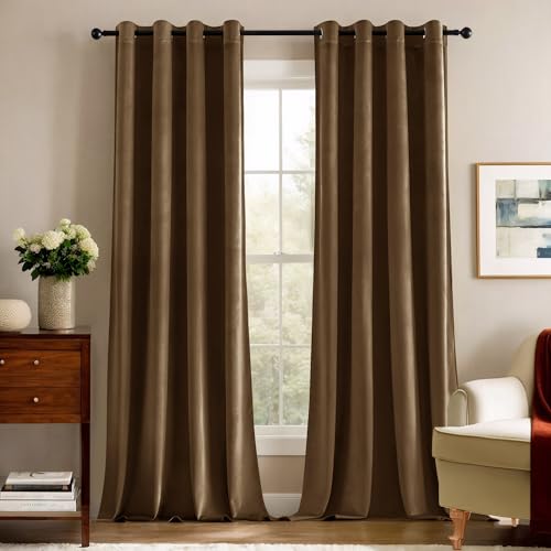 Deconovo Blickdichte Gardinen Vorhänge Blickdicht Gardine Samt Schlafzimmer Vorhang Wärmeisolierende, 240x140 cm(HöhexBreite), Dunkletaupe, 2er Set von Deconovo