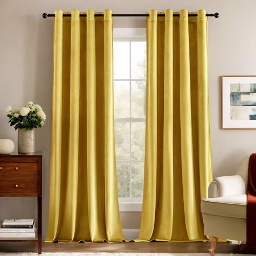 Deconovo Blickdichte Gardinen Vorhänge Blickdicht Gardine Samt Schlafzimmer Vorhang Wärmeisolierende, 245x140 cm(HöhexBreite), Gänsegelb, 2er Set von Deconovo