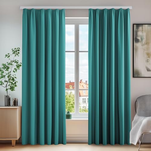 Deconovo Blickdichter Vorhang Gardinen mit Kräuselband Thermo, 220x140 cm(HöhexBreite), Türkis, 2er Set von Deconovo
