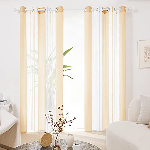 Deconovo Voile Vorhänge mit Ösen, Vorhangschal Transparent Boho Streifenmuster, Fensterschal Schlafzimmer in Leinenoptik, 260x140 cm(HöhexBreite), Creme, 2er Set von Deconovo