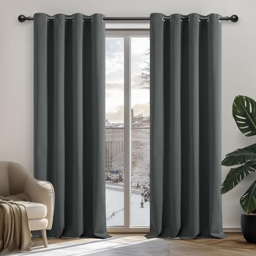 Deconovo Gardinen Blickdicht Ösen Vorhänge Wohnzimmer Vorhang Winter Hitzeschutz, 180x140cm(HöhexBreite), Dunkelgrau, 2er Set von Deconovo