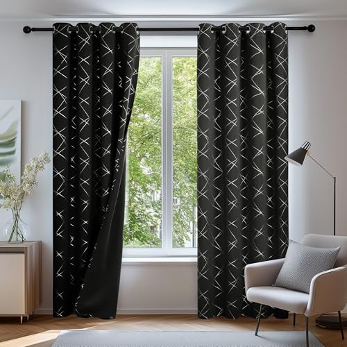 Deconovo Gardinen Blickdicht Ösen Vorhänge Muster Wohnzimmer Thermogardinen, 180x140 cm(HöhexBreite), Schwarz, 2er Set von Deconovo