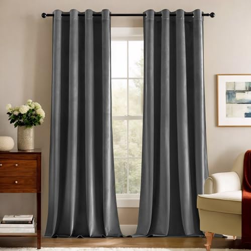 Deconovo Gardinen Samt Velvet Curtains Samtvorhang Blickdichte Vorhänge Samtvorhänge Blickdicht Gardine Schlafzimmer Vorhang Wärmeisolierende, 175x140 cm(HöhexBreite), Dunkelgrau, 2er Set von Deconovo