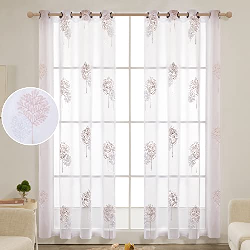 Deconovo Gardinen Schals Vorhang Leinenoptik Transparent Dekoschal Stores Gardinen schals Wohnzimmer mit Ösen Blatt, 175x140 cm(HöhexBreite), Rosa+Weiß, 2er Set von Deconovo