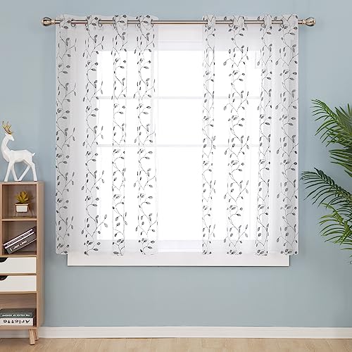 Deconovo Gardinen Stores Schlafzimmer Voile Vorhang Leinenoptik Ösenvorhang Transparent Dekoschal mit Stickerei Blatt, 138x140 cm(HöhexBreite), Grau, 2er Set von Deconovo