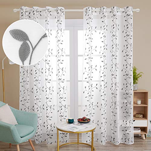 Deconovo Gardinen Stores Schlafzimmer Vorhang Leinenoptik Gardinen mit Ösen Weiss Transparent Dekoschal Kinderzimmer Schal Blatt, 240x140 cm(HöhexBreite), Grau, 2er Set von Deconovo