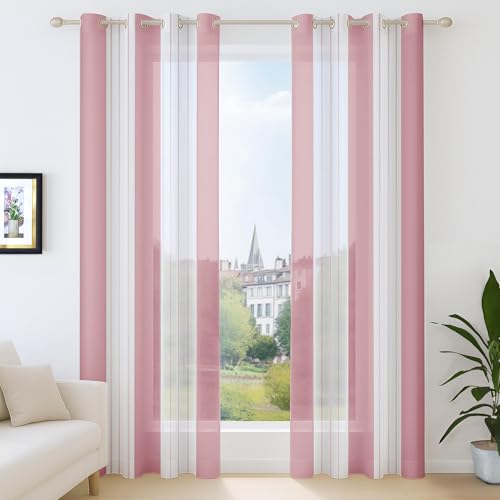 Deconovo Gardinen Transparent in Leinenoptik Streifenmuster, Gardinenschals Wohnzimmer Modern, Vorhänge halbtransparent Ösen, 183x140 cm(HöhexBreite), Fuchsie, 2er Set von Deconovo