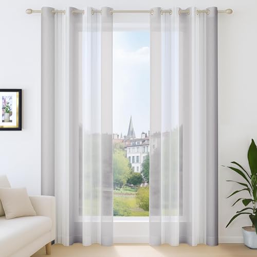 Deconovo Gardinen Transparent in Leinenoptik Streifenmuster, Gardinenschals Wohnzimmer Modern, Vorhänge halbtransparent Ösen, 183x140 cm(HöhexBreite), Grau, 2er Set von Deconovo