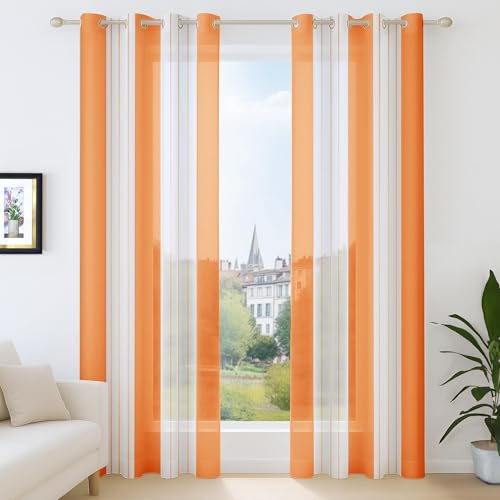 Deconovo Gardinen Transparent in Leinenoptik Streifenmuster, Gardinenschals Wohnzimmer Modern, Vorhänge halbtransparent Ösen, 183x140 cm(HöhexBreite), Orange, 2er Set von Deconovo