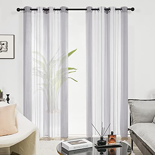 Deconovo Gardinen Transparent in Leinenoptik Streifenmuster, Gardinenschals Wohnzimmer Modern, Vorhänge halbtransparent Ösen, 260x140 cm(HöhexBreite), Grau, 2er Set von Deconovo