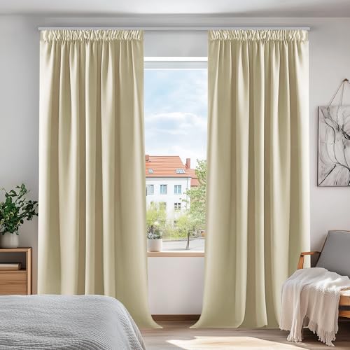 Deconovo Gardinen Verdunkelungsvorhänge mit Kräuselband Thermogardine Kälteschutz, 200x140cm(HöhexBreite), Beige, 2er Set von Deconovo