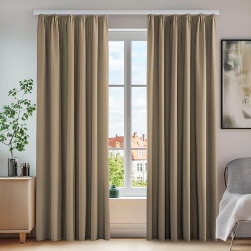 Deconovo Gardinen Verdunklung Schlafzimmer Vorhänge mit Kräuselband Winter Kälteschutz, 245x140 cm(HöhexBreite), Taupe, 2er Set von Deconovo