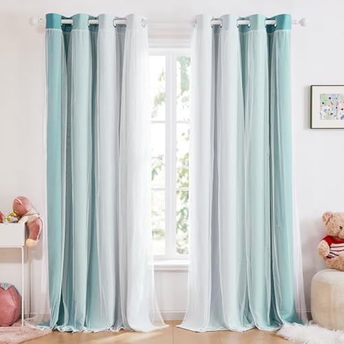 Deconovo Gardinen Wohnzimmer Verdunkelungsvorhänge Gardine mehrlagige Voile Vorhänge mit Ösen Verdunkelung, 280x140cm(Höhe x Breite), Türkis+Weiß, 2er Set von Deconovo