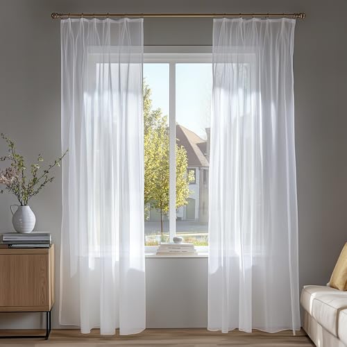 Deconovo Gardinen mit Kräuselband Wohnzimmer Schlafzimmer Stores Schal Transparent Vorhänge für Schiene Leinenoptik, 290x140 cm(HöhexBreite), Weiß, 2er Set von Deconovo