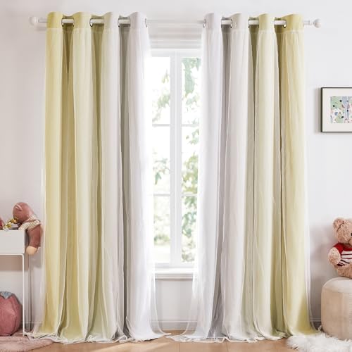 Deconovo Gardinen mit Ösen Voile Vorhänge Verdunkelung Thermo Vorhang gegen Kälte Gardine Schlafzimmer, 300x140cm(Höhe x Breite), Hellgelb+Weiß, 2er Set von Deconovo