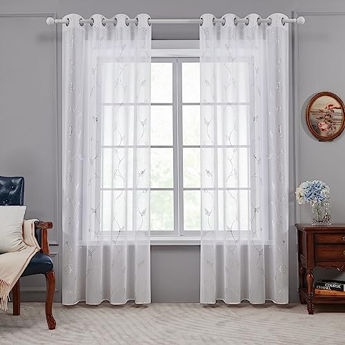 Deconovo Gardinen Weiß Vorhang Transparent Leinenoptik Ösenvorhang Voile Ösenschal Wohnzimmer, 229x140, Blumen von Deconovo