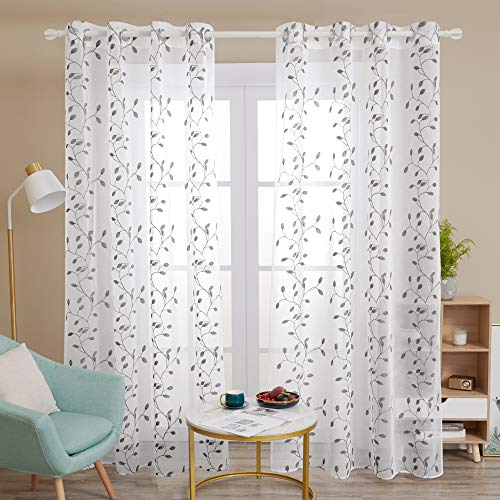 Deconovo Jalousien Voile Gardinen Leinenoptik Transparent mit Stickereiblatt 229x140 cm (Höhe x Breite) Grau, 2er Set von Deconovo