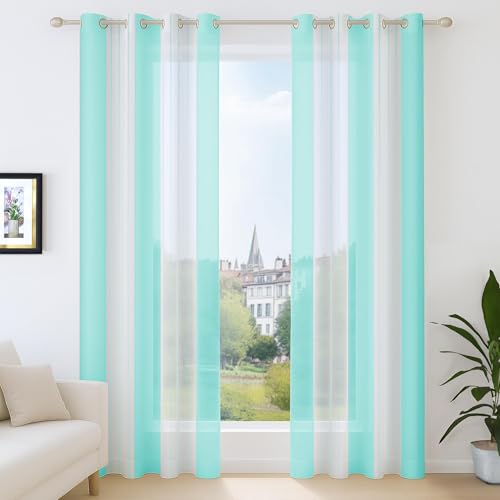 Deconovo Ösenschals in Leinenoptik, Transparente Gardinen, Vorhänge Durchsichtig Nadelstreifen, Stores Gardinen Schlafzimmer, 183x140 cm(HöhexBreite), Blaugrün, 2er Set von Deconovo