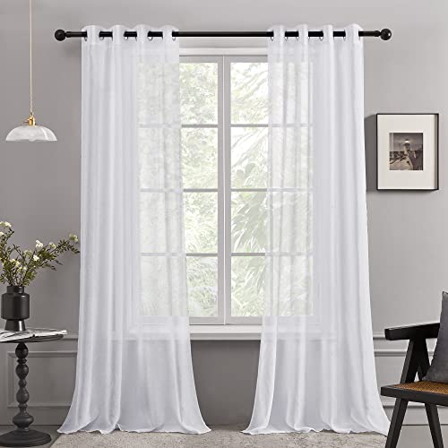 Deconovo Gardinen mit Ösen Ösenvorhang Leinenoptik Transparent Vorhang Gardine Voile Dekosachals, 145x140 cm(HöhexBreite), Weiß, 2er Set von Deconovo