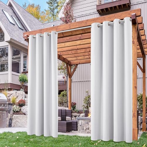 Deconovo Outdoor Vorhang Wetterfest Blickdichte Vorhänge Terrassen Sichtschutz Gardinen Sonnenschutz Wasserdicht Outdoorvorhänge für Balkon Pavillon, 214x132 cm(HöhexBreite), Grau Weiß, 2er Set von Deconovo