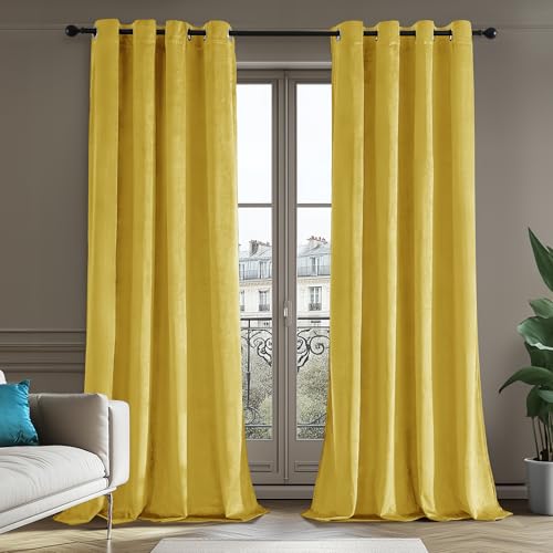 Deconovo Samt Vorhang Verdunkelungsvorhänge 100% Blickdicht Gardinen mit Ösen Samtvorhang für Schlafzimmer Thermogardinen Kälteschutz Dicke Velvet Curtains, 270x140cm(HöhexBreite), Gelb, 2er Set von Deconovo