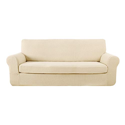 Deconovo Couch Überwurf Jacquard Sofabezug Stretch Sofaüberzug Wohnzimmer, 3-Sitzer(180-230 cm), Creme von Deconovo