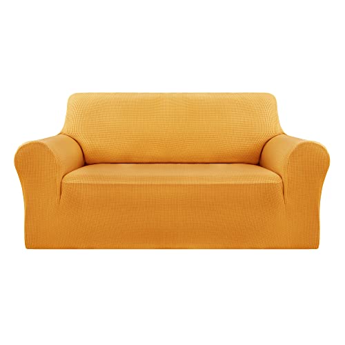 Deconovo Sofabezug für 2-Sitzer mit Armlehnen, gelb, dehnbar, Jacquard, Sofa-Bezug von Deconovo