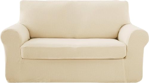 Deconovo Sofaüberwurf Stretch Sofabezug Jacquard Couch Überwurf Wohnzimmer, 2-Sitzer(145-175cm), Creme von Deconovo