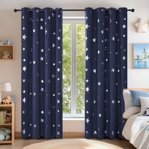 Deconovo Blickdichte Gardinen für Wohnzimmer Kälteschutzvorhang für Raum Verdunkeln Vorhänge mit Muster Sterne, 138x117 cm(HöhexBreite), Dunkelblau, 2er Set von Deconovo