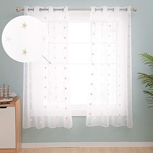 Deconovo Stores Gardinen Vorhang Transparent Ösen Vorhänge Kinderzimmer Dekosachals Leinenoptik Stern, 138x140 cm(HöhexBreite), Leinen, 2er Set von Deconovo