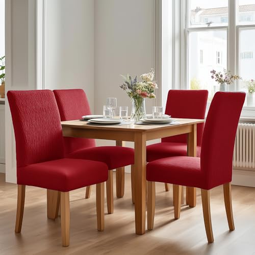 Deconovo Stuhlüberzug mit Rückenlehne 6 Stück, Elastischer Stuhlüberzug Küche, Universal waschbarer Stuhlüberzug, Naturrindenmotiv, Rot von Deconovo