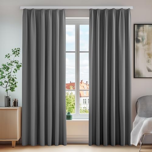 Deconovo Thermo Gardinen Verdunklungsvorhänge mit Kräuselband, 260x140 cm(HöhexBreite), Hellgrau, 2er Set von Deconovo