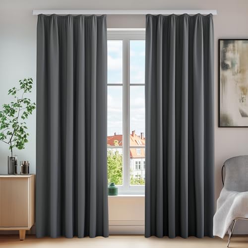 Deconovo Thermovorhang Gardinen verdunklungsvorhänge mit Kräuselband, 160x140 cm(HöhexBreite), Dunkelgrau, 2er Set von Deconovo
