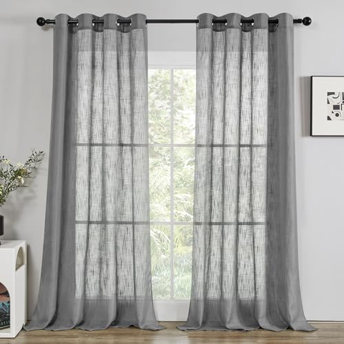 Deconovo Vorhänge Mit Ösen Halbtransparent Gardinen Wohnzimmer Voile Gardinen Fenster Dekoschals Ösenvorhang Leinentextur Vorhänge für Balkontür, 290x140cm(HöhexBreite), Grau, 2er Set von Deconovo