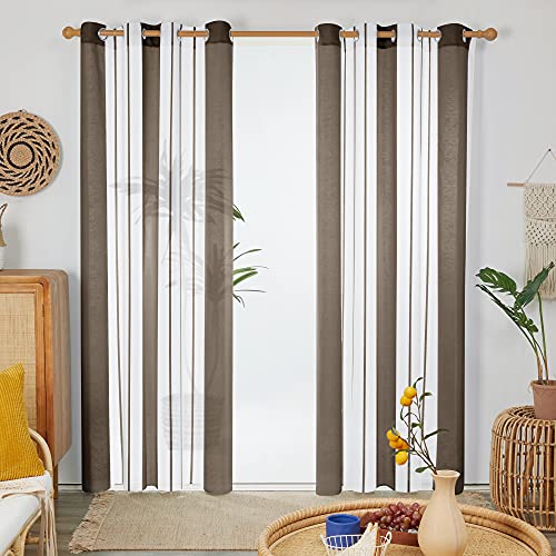 Deconovo Transparente Gardinen Wohnzimmer mit Ösen, Voile Ösenschals Boho Fensterschal Durchsichtig Nadelstreifen, 229x140 cm(HöhexBreite), Braun, 2er Set von Deconovo