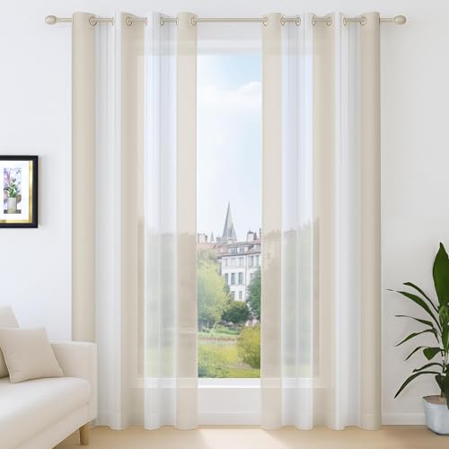 Deconovo Transparente Gardinen Wohnzimmer mit Ösen, Voile Ösenschals Boho Fensterschal Durchsichtig Nadelstreifen, 260x140 cm(HöhexBreite), Hellbraun, 2er Set von Deconovo
