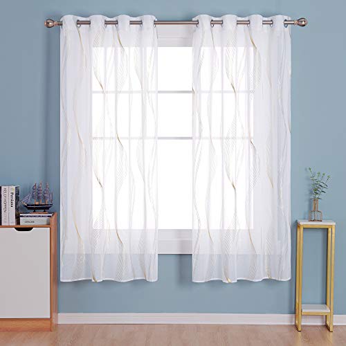 Deconovo Transparente Gardinenschals Ösenvorhang Leinenoptik 175x140 cm Gold Wellenlinie 2er Set von Deconovo