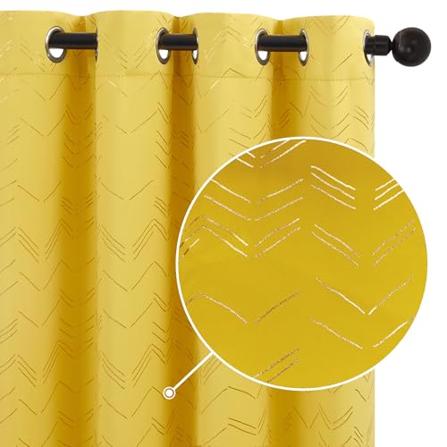 Deconovo Verdunkelungsvorhänge mit Ösen Blickdichte Gardinen Wohnzimmer Moderne Fenstervorhänge Kälteschutz Thermogardine mit Linienmuster, 229x117 cm(HöhexBreite), Senfgelb, 2er Set von Deconovo