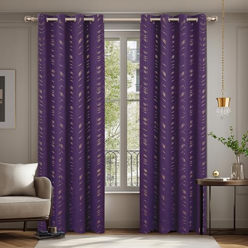Deconovo Verdunkelungsvorhänge mit Ösen Blickdichte Wohnzimmer GardinenDicke Thermovorhang Kälteschutz Thermogardine mit Linienmuster, 175x140 cm(HöhexBreite), Dunkelviolett, 2er Set von Deconovo