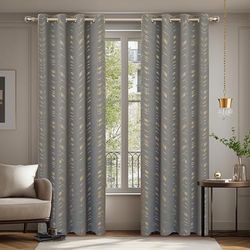 Deconovo Verdunkelungsvorhänge mit Ösen Blickdichte Wohnzimmer GardinenDicke Thermovorhang Kälteschutz Thermogardine mit Linienmuster, 175x140 cm(HöhexBreite), Hellgrau, 2er Set von Deconovo