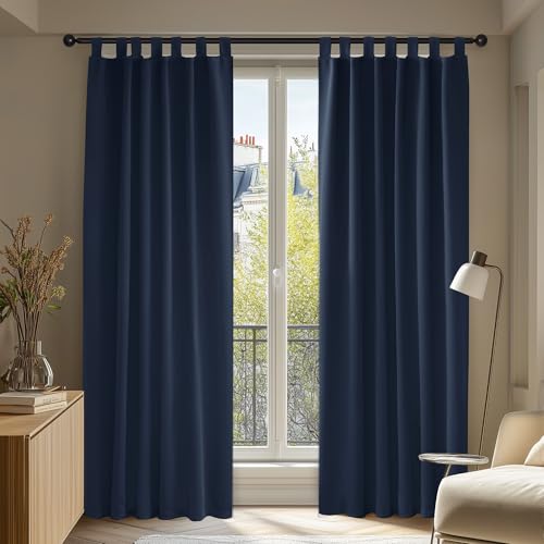 Deconovo Verdunkelungsvorhänge mit Spitze, gebrauchsfertig, blickdichter Vorhang mit Schlaufen für Fenster, Schlafzimmer, 140 x 175 cm (B x H), Marineblau, 2er-Set von Deconovo