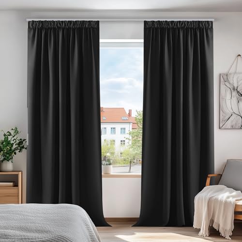 Deconovo Verdunkelungsvorhang Blickdicht Gardine mit Kräuselband Verdunkelung dicke Thermogardine Kälteschutz warm Hitzeschutz, 160x132 cm(HöhexBreite), Schwarz, 2er Set von Deconovo