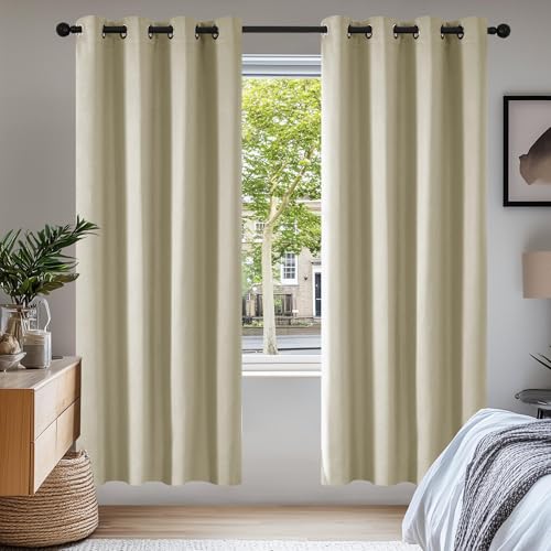 Deconovo Verdunkelungsvorhang Gardine Wohnzimmer Thermogardine Kälteschutz Ösen, 200x140 cm(HöhexBreite), Beige, 2er Set von Deconovo