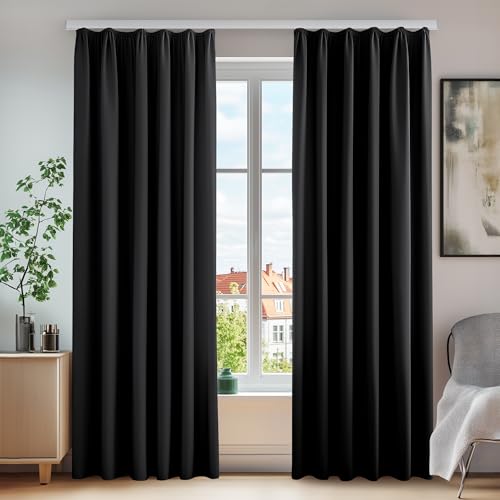 Deconovo Verdunkelungsvorhang Gardinen Thermovorhang mit Kräuselband, 245x140 cm(HöhexBreite), Schwarz, 2er Set von Deconovo